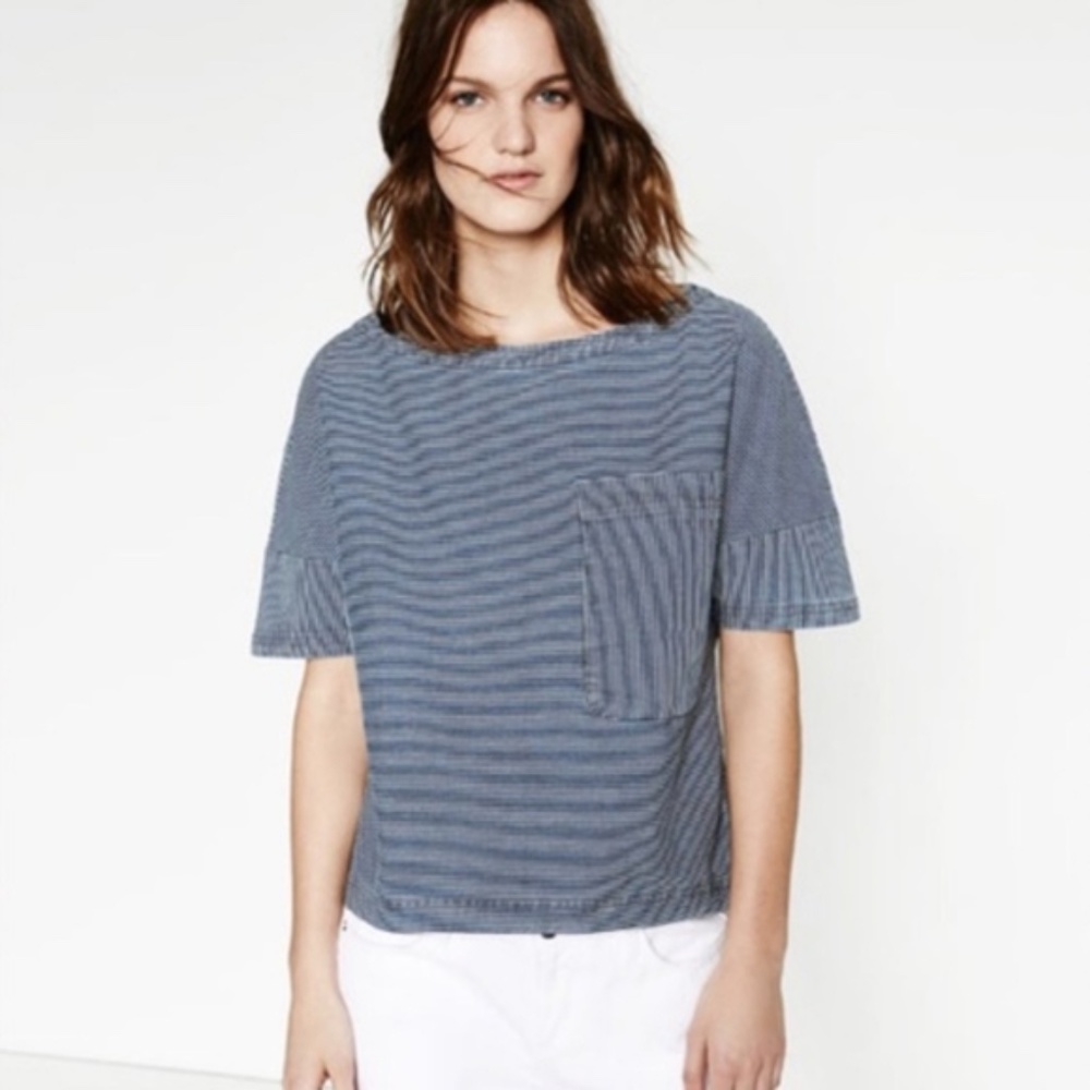 Zara Basic Z1975 Denim Stripe Dolman Sleeve Short Sleeve Shirt Women’s Large EUC